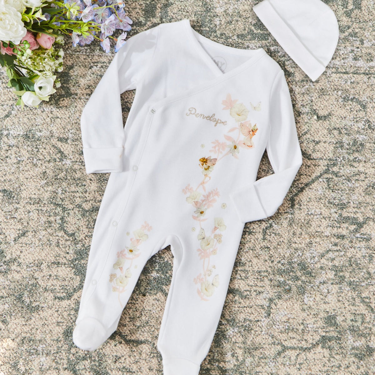 Personalised Flower Fairies™ Wrap Sleepsuit & Hat Set