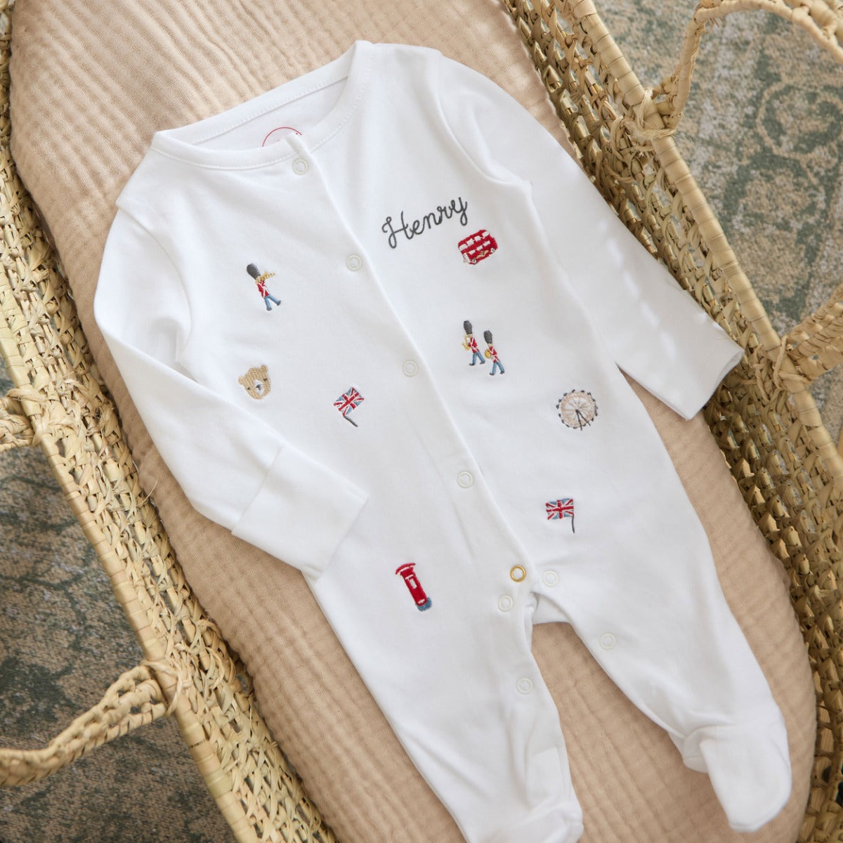 Personalised Heritage London Embroidered Organic Cotton Sleepsuit