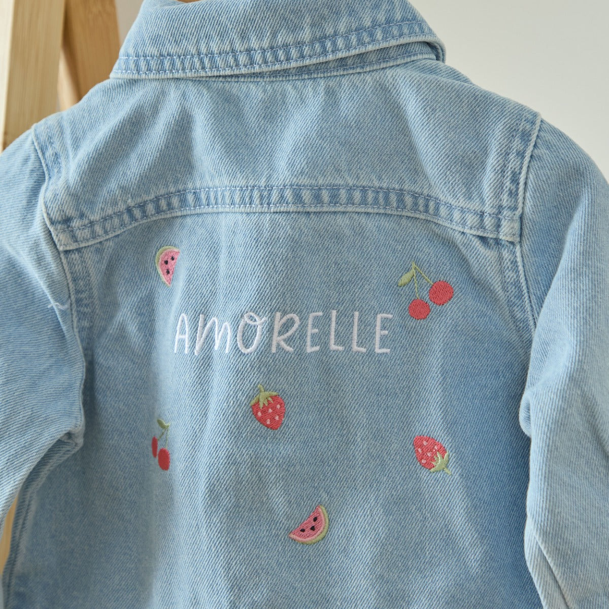 Personalised Red Fruit Stonewash Denim Jacket