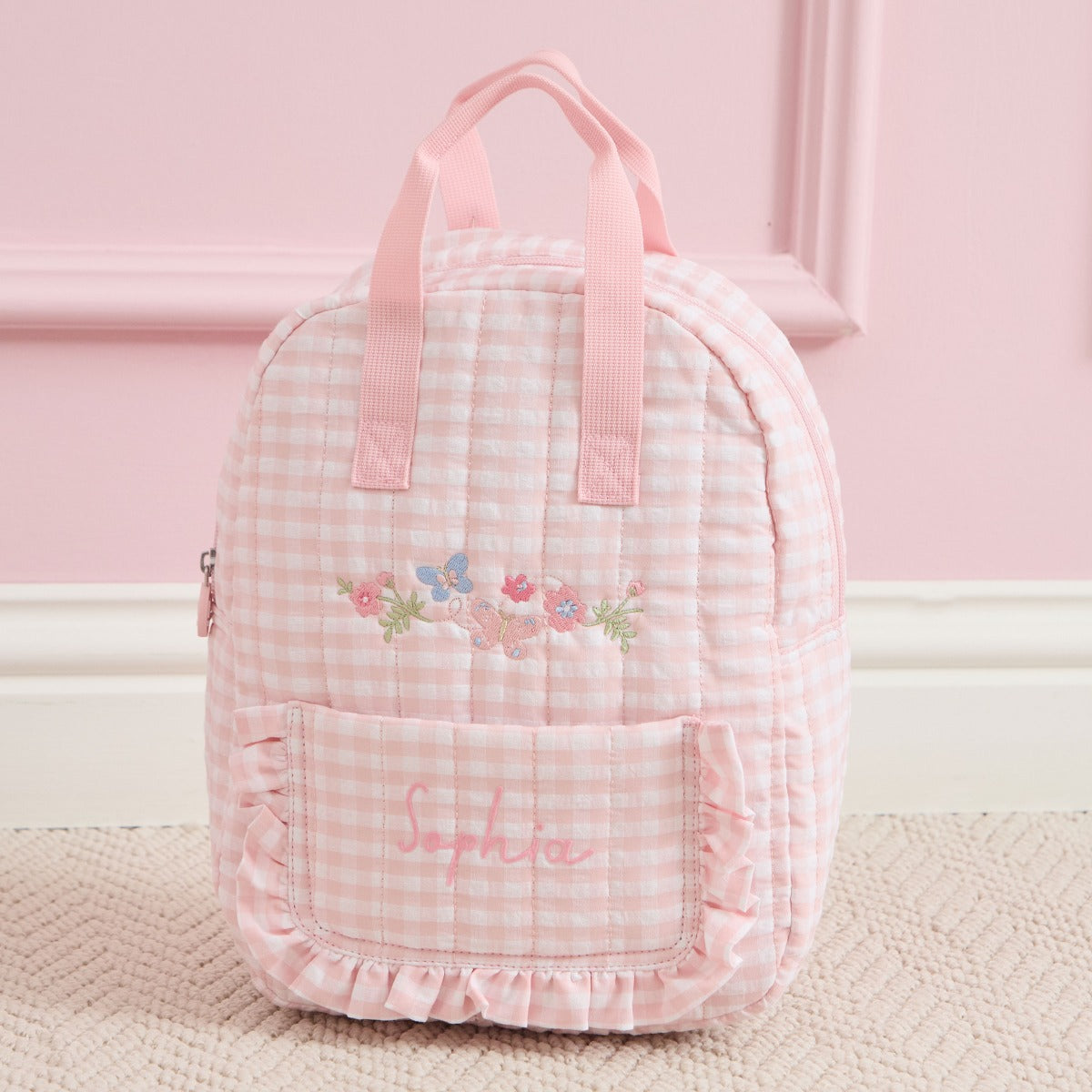 Personalised Garden Secrets Butterfly Pink Gingham Backpack