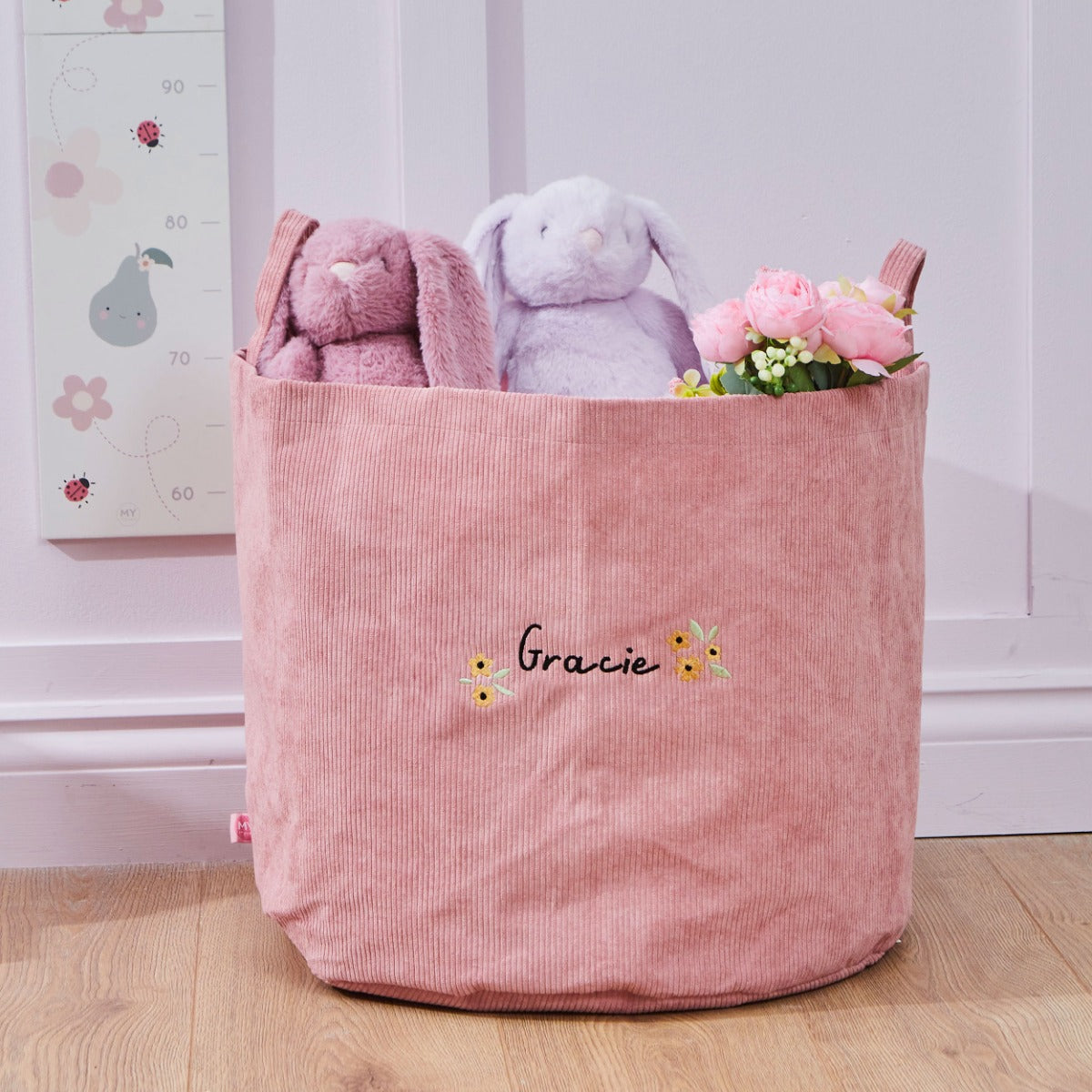 Personalised Yellow Flower Cord Pink Storage Bag 