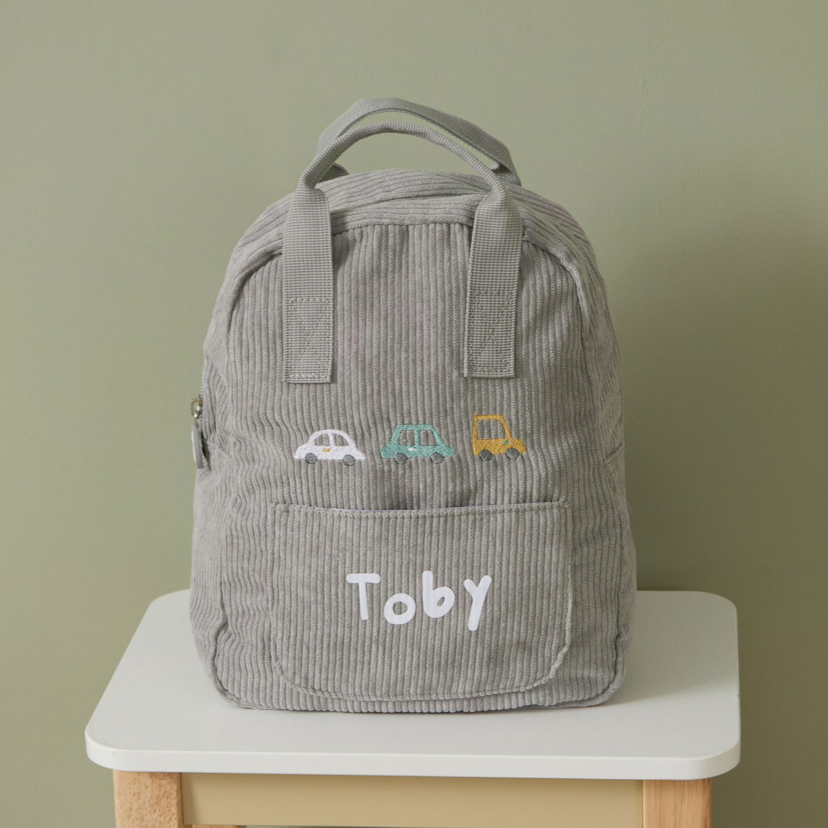 Personalised 3 Cars Embroidered Grey Cord Backpack