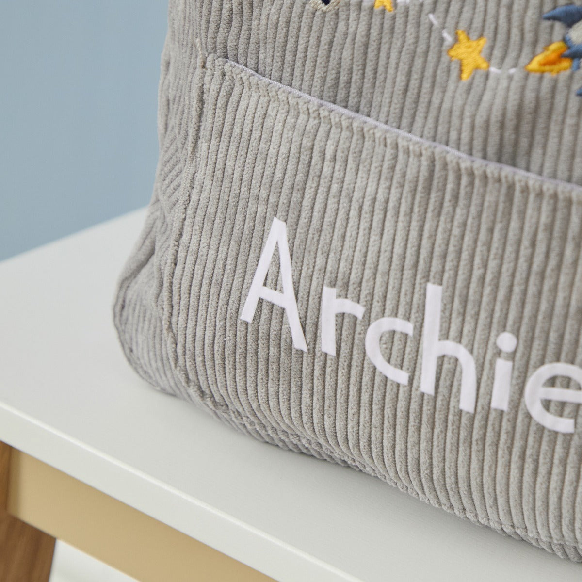 Personalised Rocket Embroidered Grey Cord Backpack