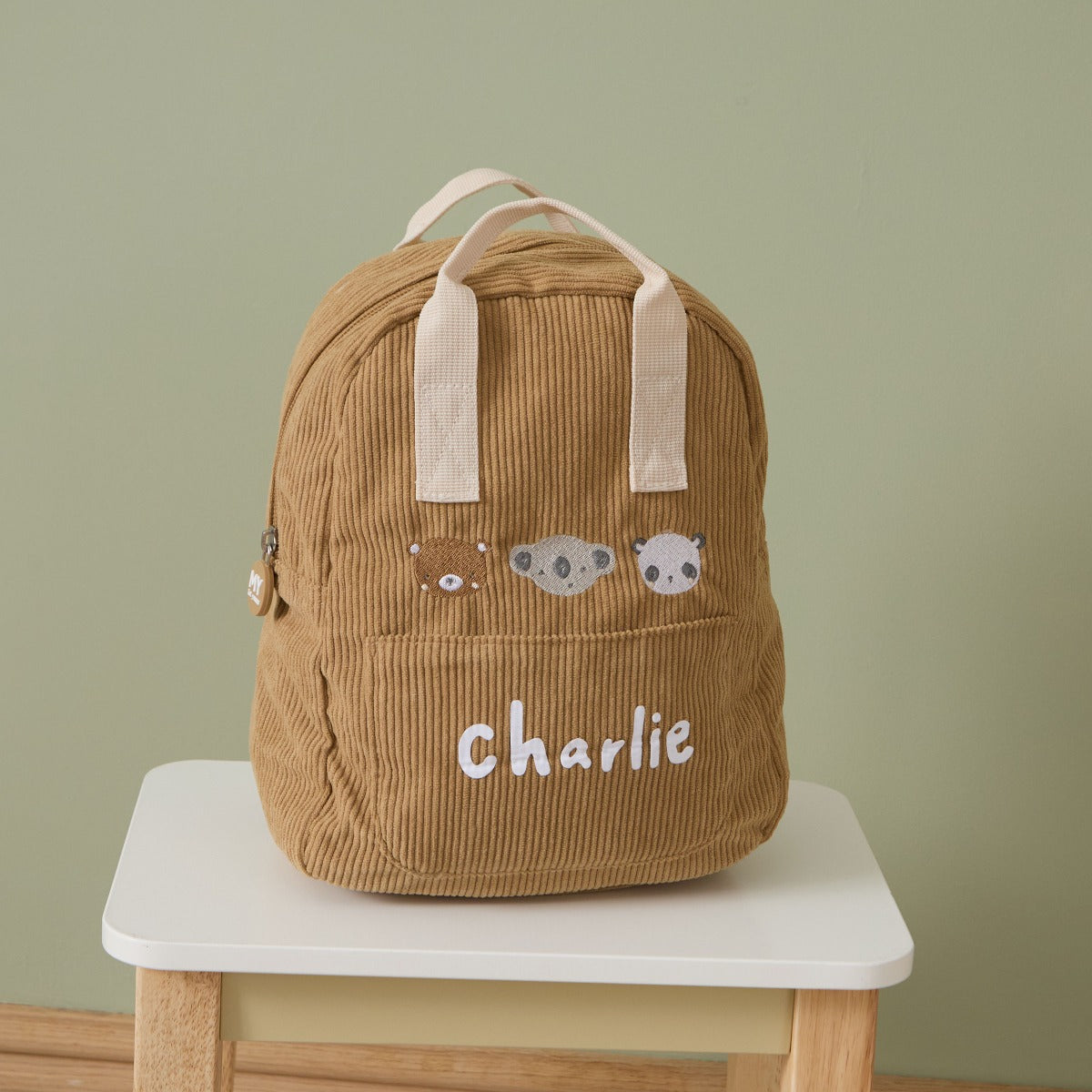 Personalised 3 Bear Faces Mini Caramel Cord Backpack