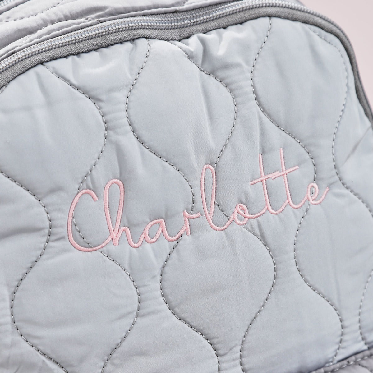 Personalised Pink Font Large Grey Quilted Backpack
