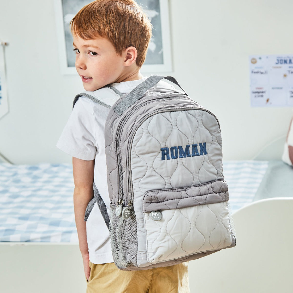Personalised Blue Font Large Grey Quilted Backpack 