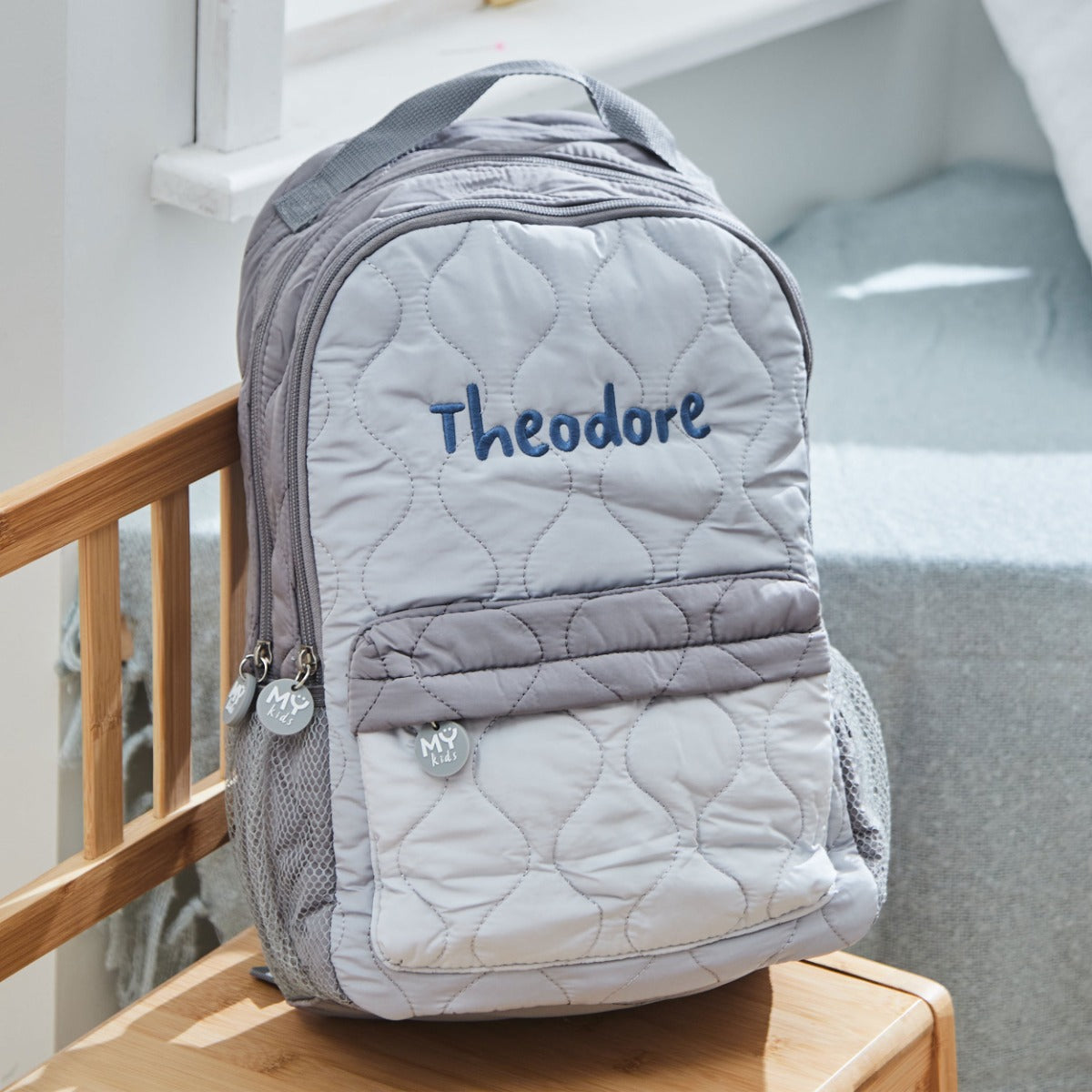 Personalised Blue Font Large Grey Quilted Backpack 
