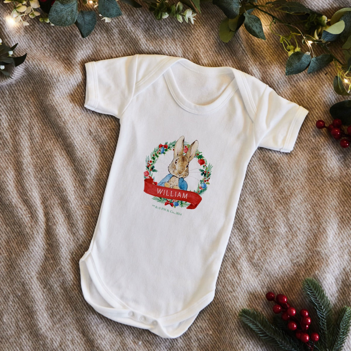Personalised Peter Rabbit Christmas Wreath White Bodysuit