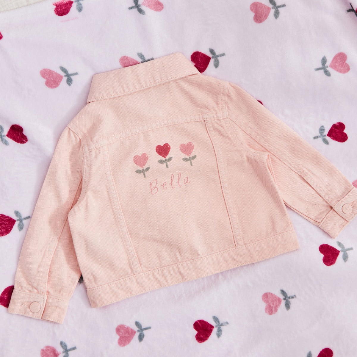 Personalised Little & Loved Three Tulips Pink Denim Jacket