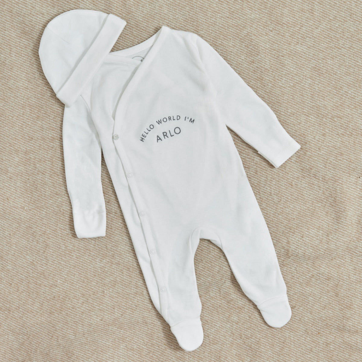 Personalised Hello World Wrap Sleepsuit & Hat Baby Set