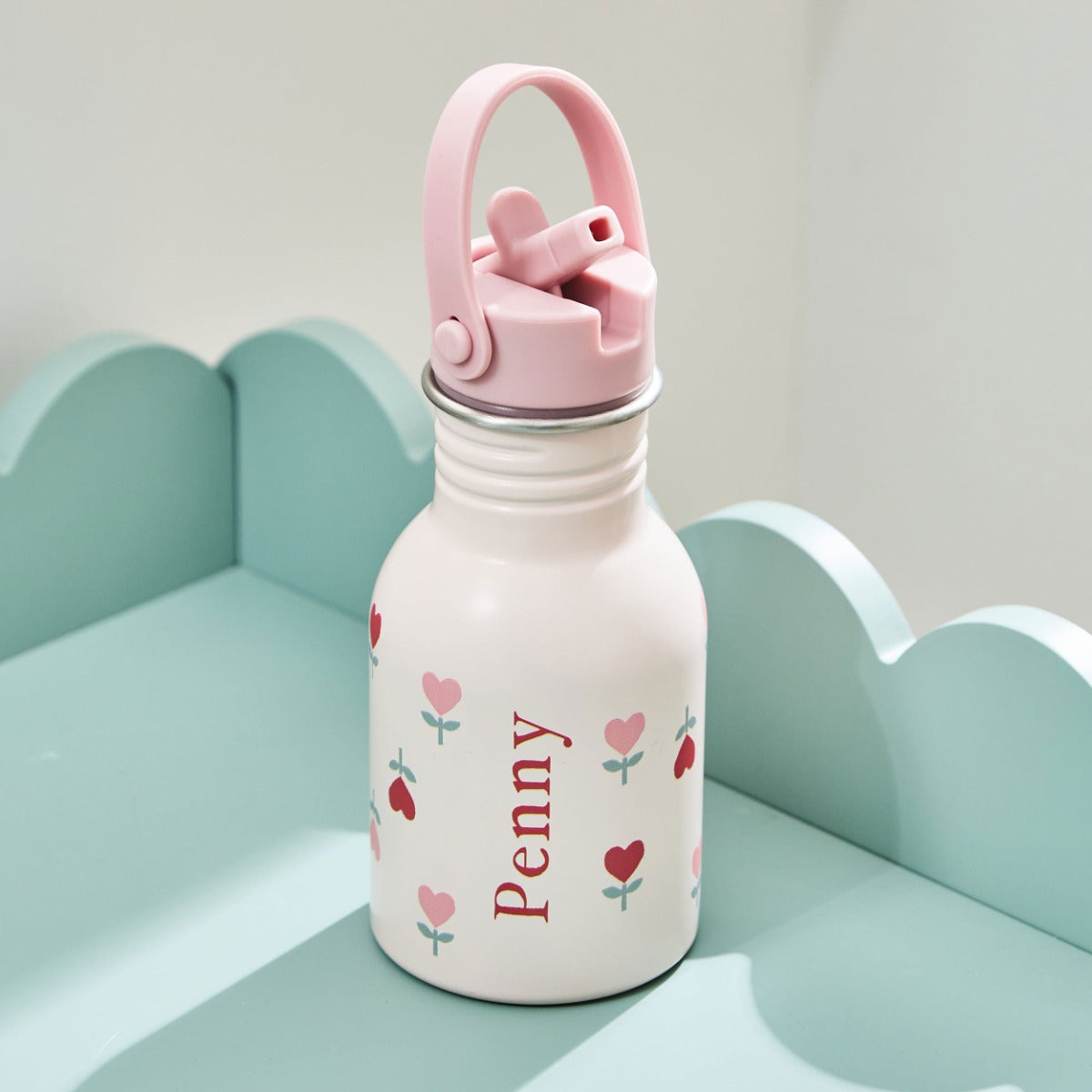 Personalised Heart Flower Pink Water Bottle 