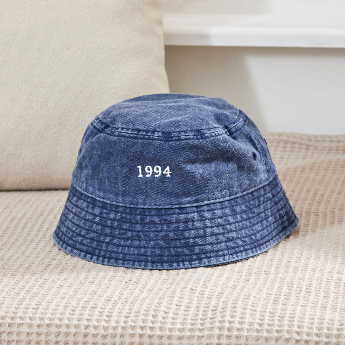 Personalised Vintage Bucket Hat in Denim Blue
