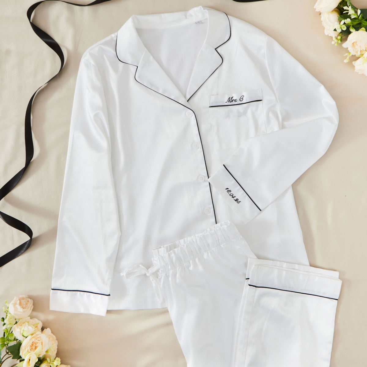 Personalised Bridal Party White Satin Pyjamas with Black Embroidery