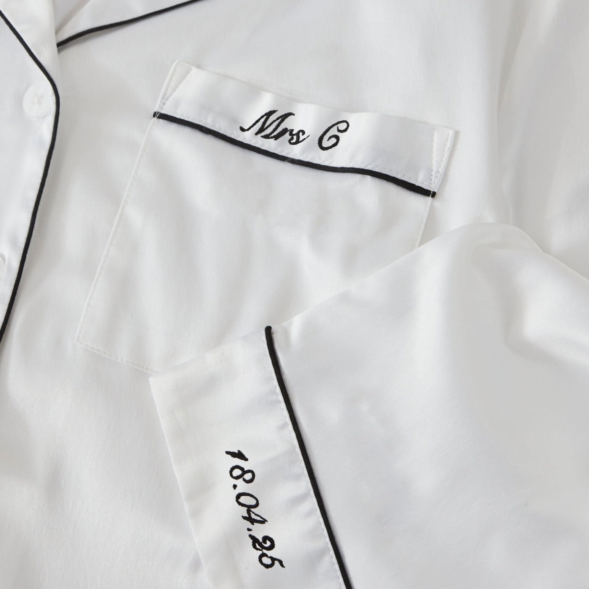 Personalised Bridal Party White Satin Pyjamas with Black Embroidery