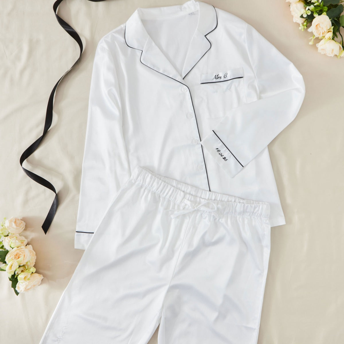Personalised Bridal Party White Satin Pyjamas with Black Embroidery