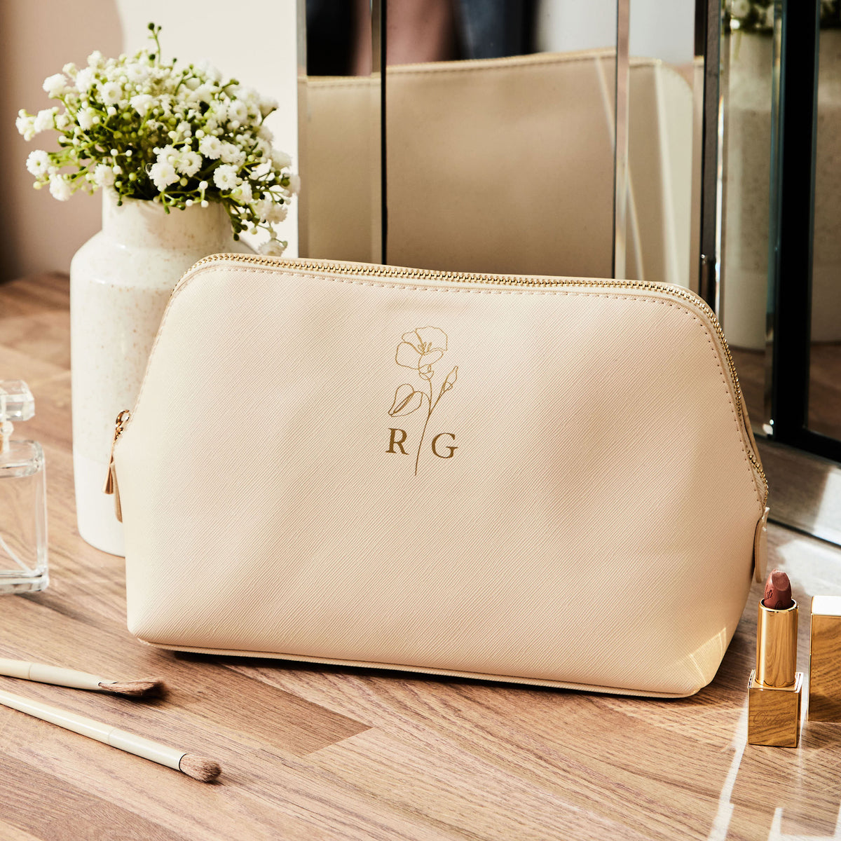 Personalised Birth Flower Large Oyster Make Up Bag