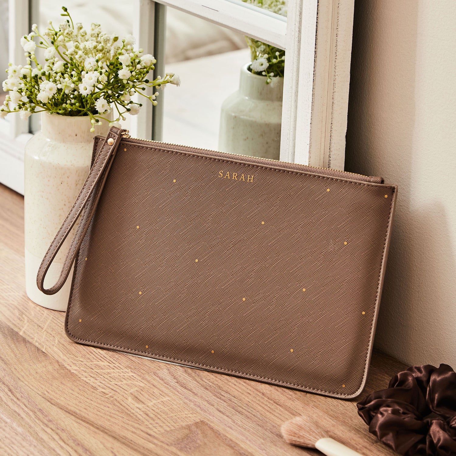 Personalised Taupe Polka Dot Pouch