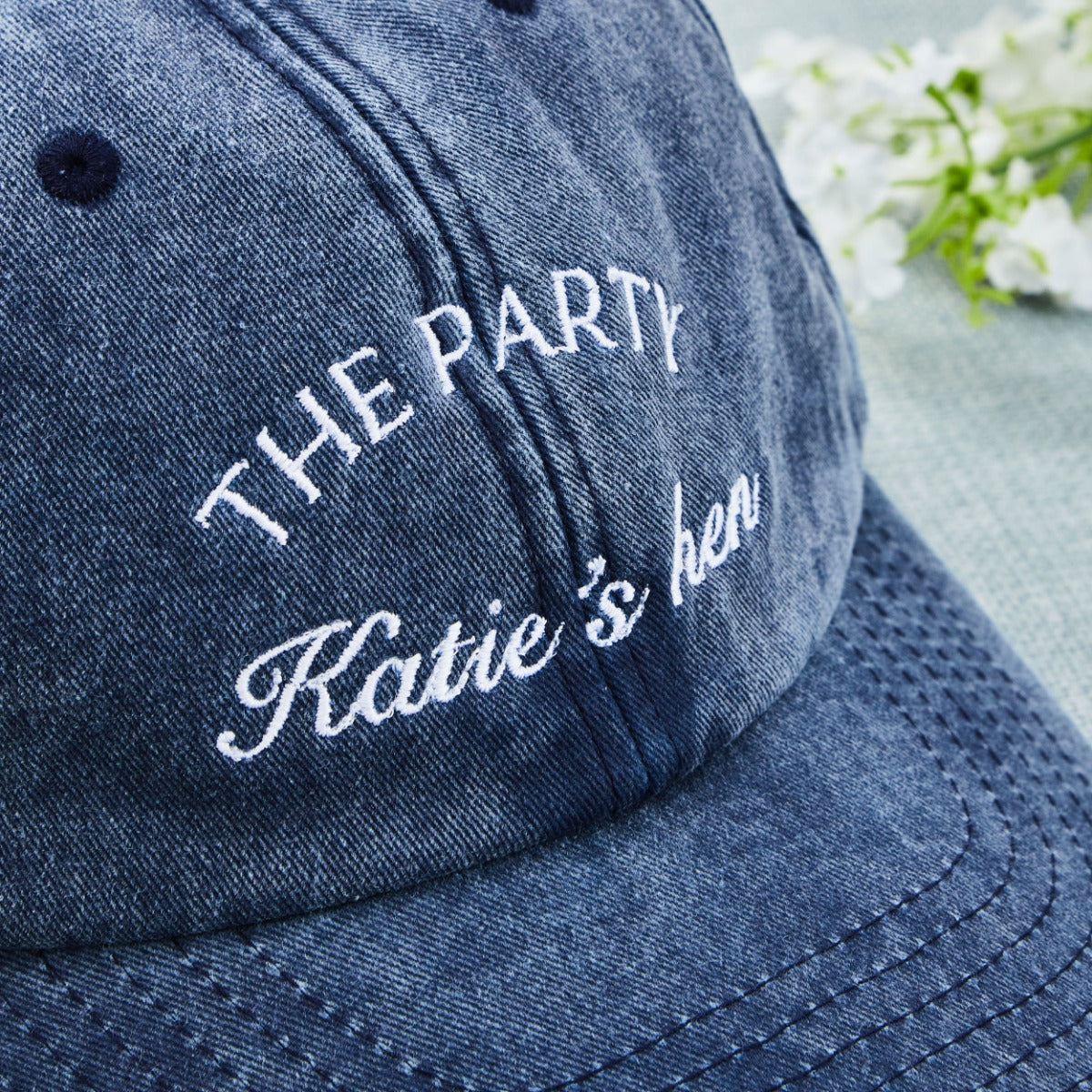 Personalised 'The Party' hen do Cap in Denim Blue