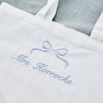 Personalised Something Blue Bow White Embroidered Tote Bag 