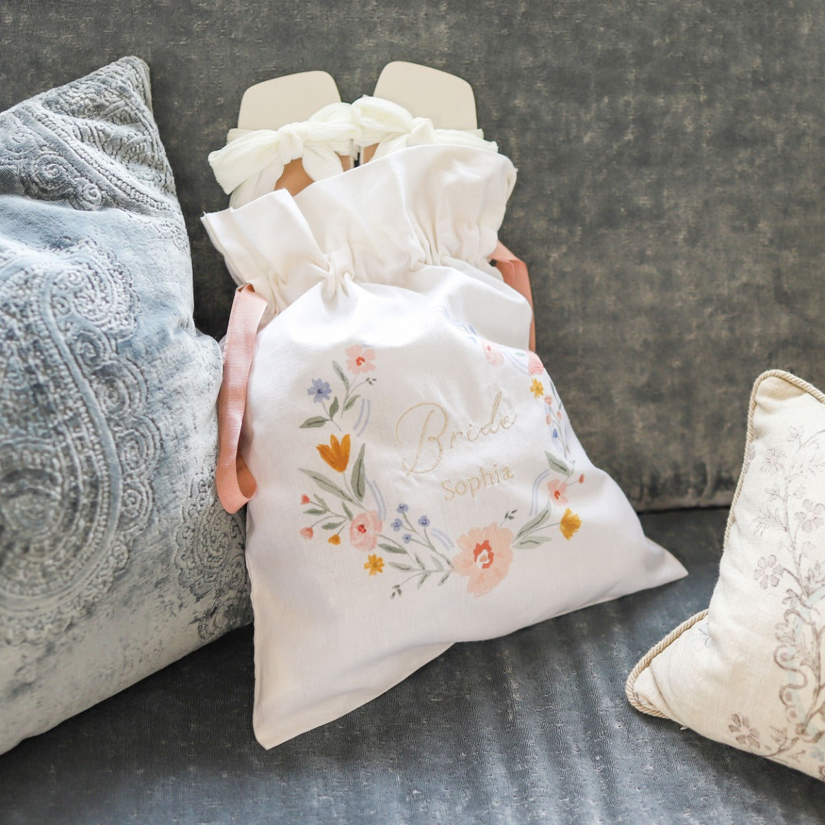 Personalised Wildflower Wedding Embroidered Keepsake Drawstring Bag