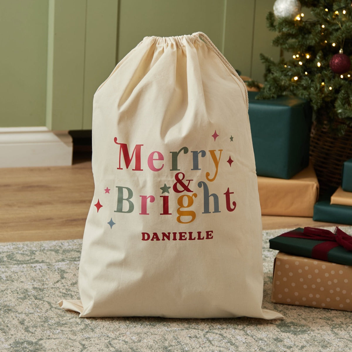 Personalised Merry & Bright Christmas Canvas Gift Sack 