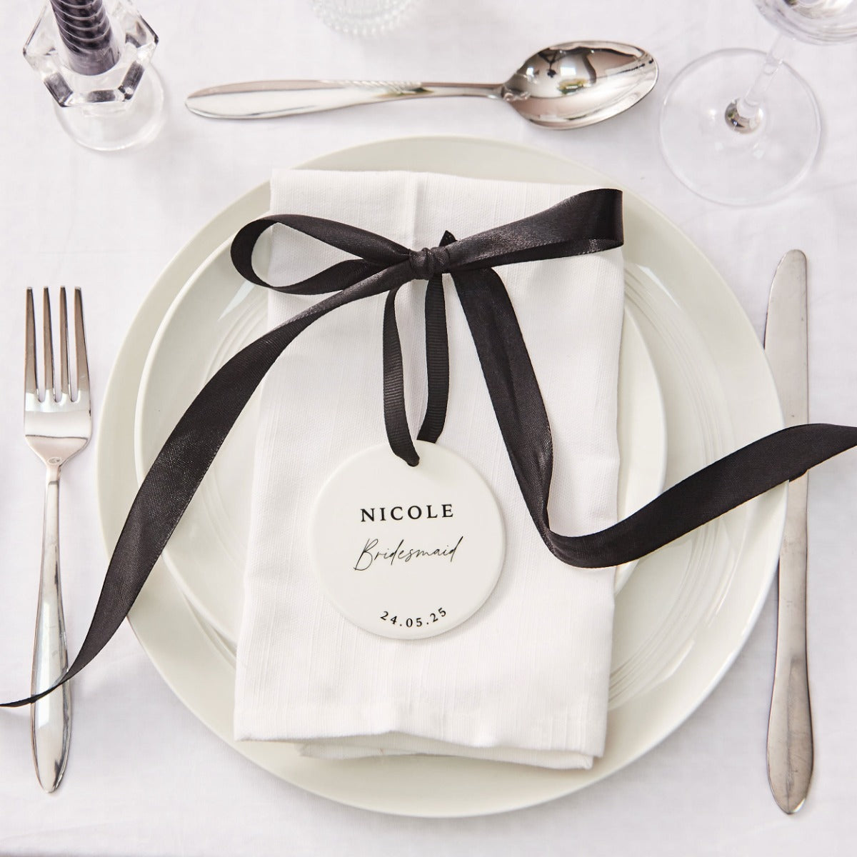 Personalised Black & White Bridal Party Ceramic Hanging Disc Decoration 