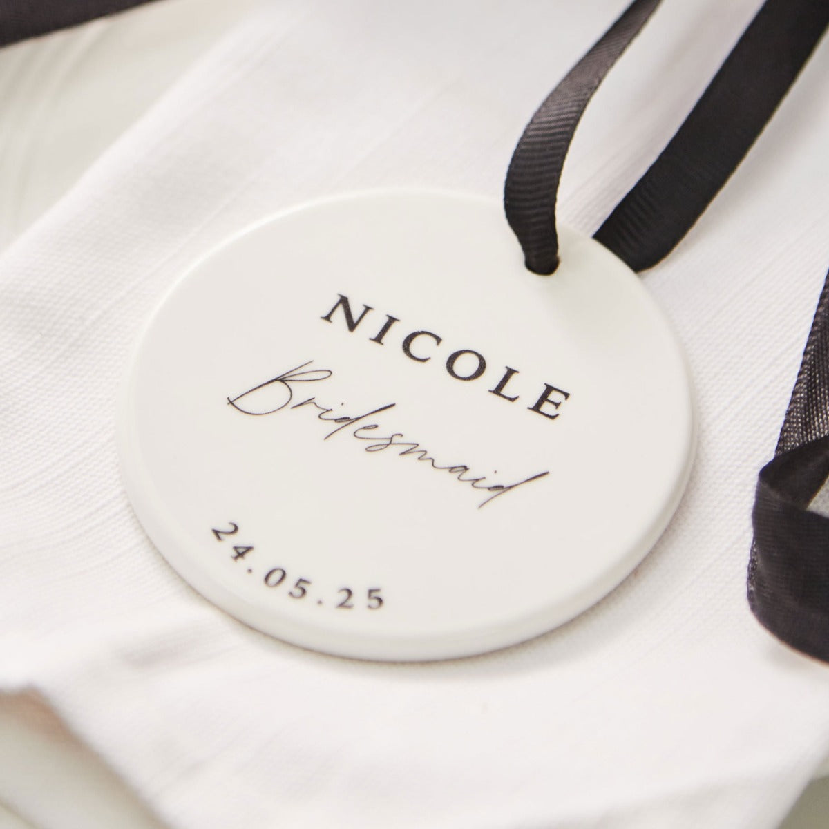 Personalised Black & White Bridal Party Ceramic Hanging Disc Decoration 