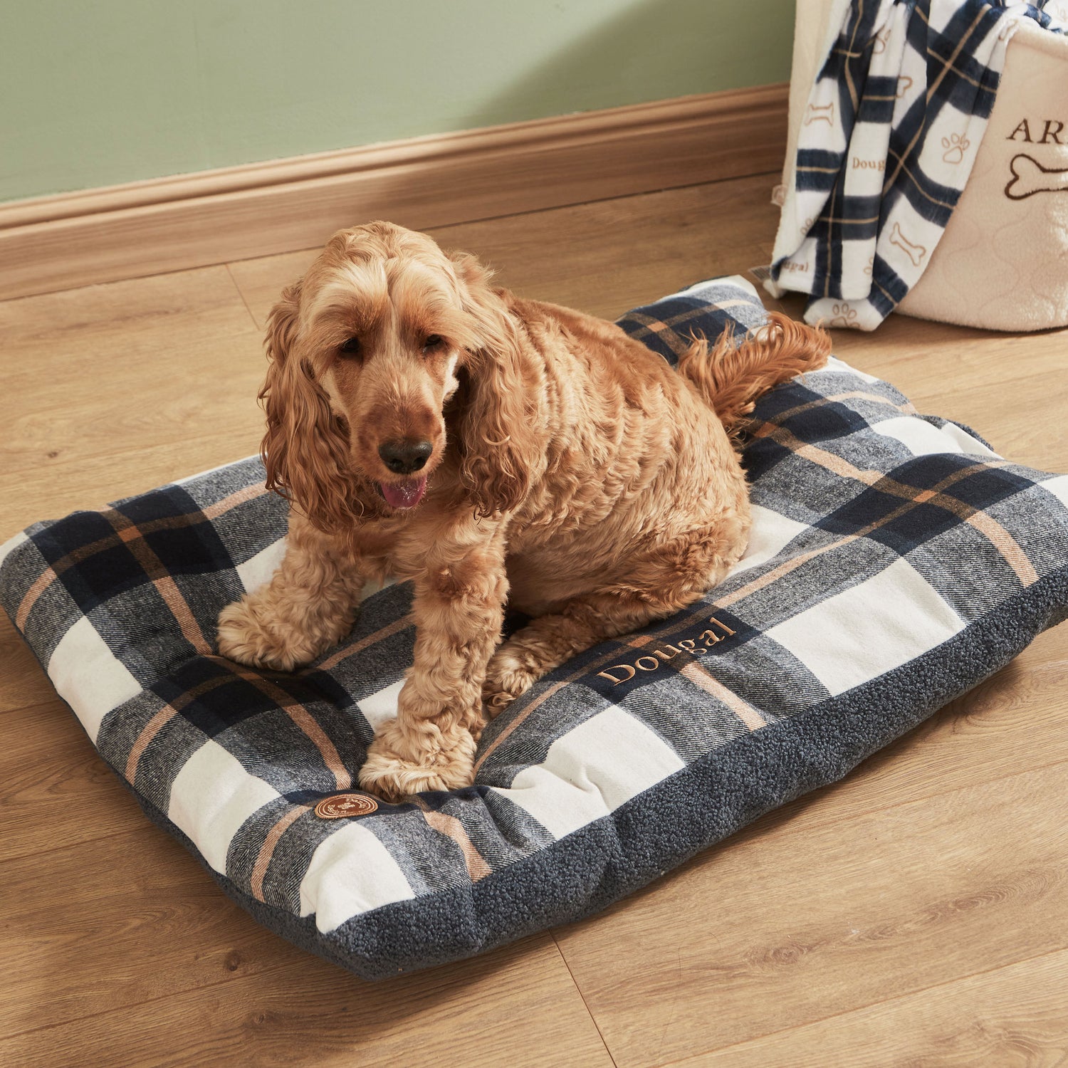 Personalised Deep Duvet Navy Check Medium Dog Bed