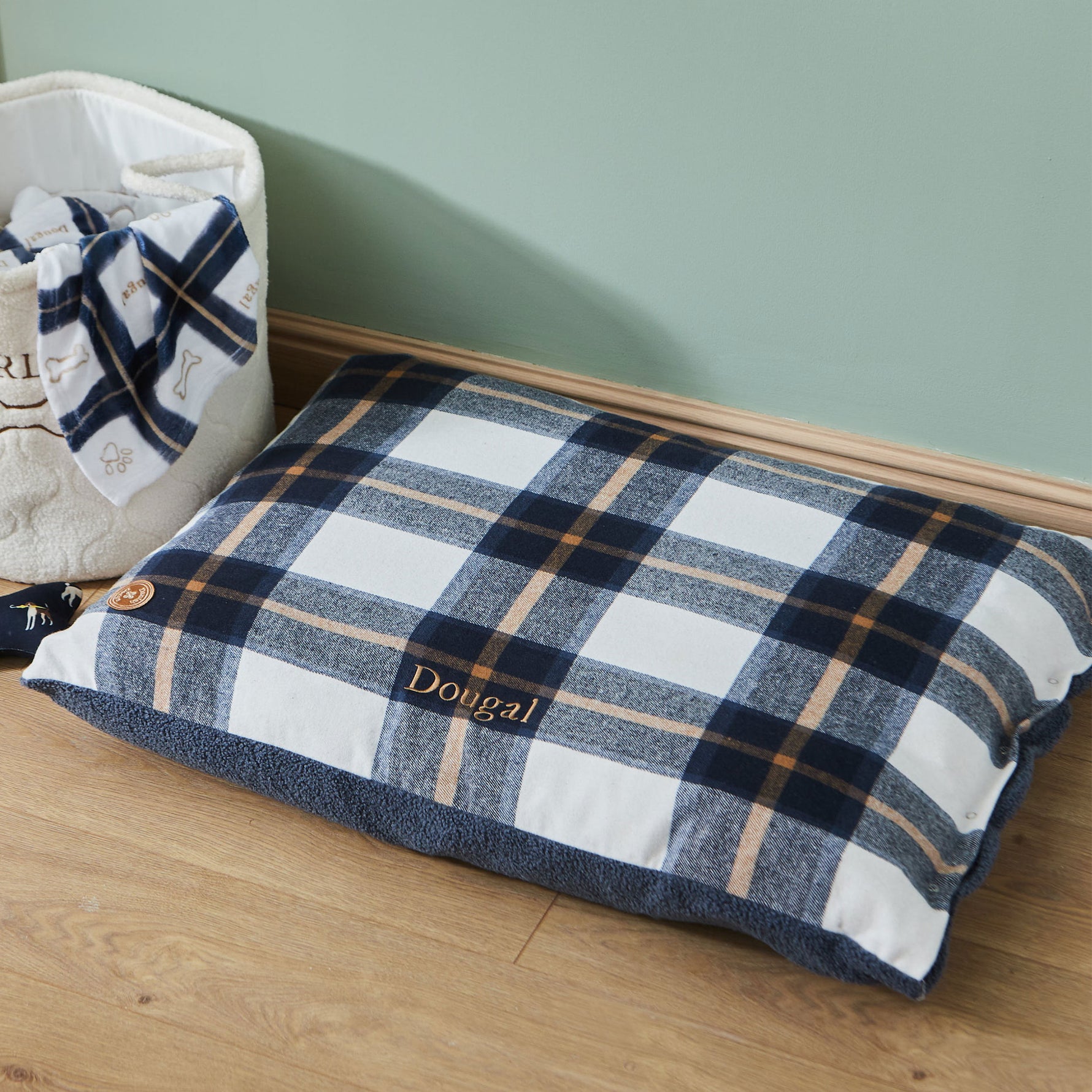 Personalised Deep Duvet Navy Check Medium Dog Bed