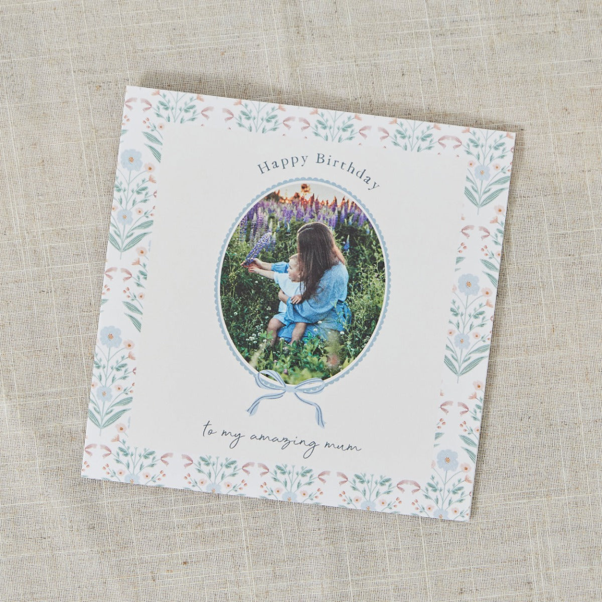 Personalised Floral Border & Bow Happy Birthday Photo Card