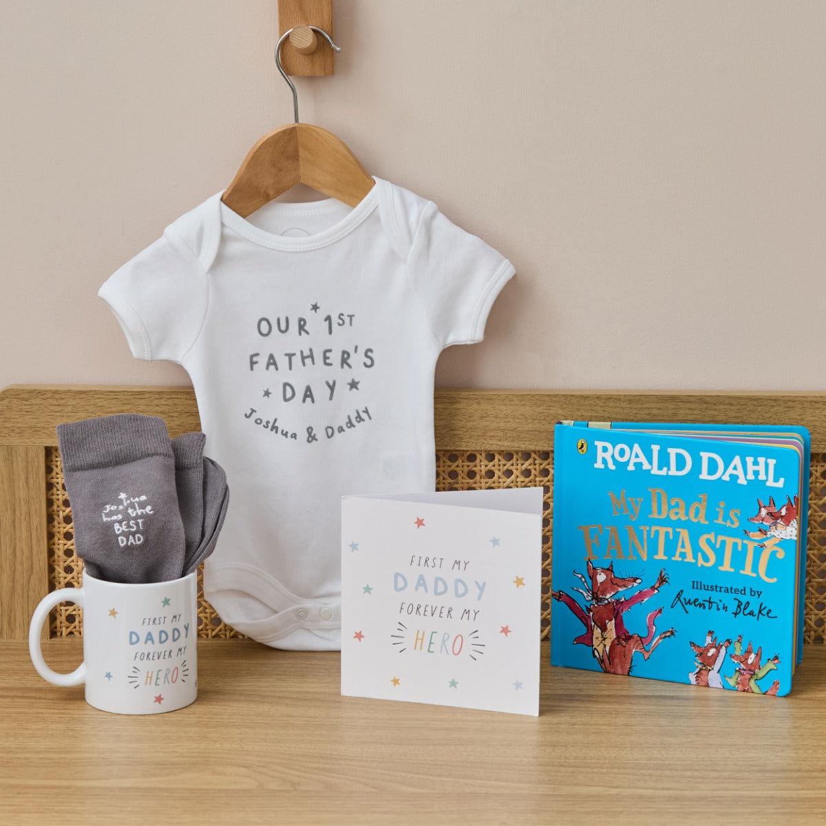 Personalised My Hero 1st Father's Day Bodysuit, Socks & Book Gift Set