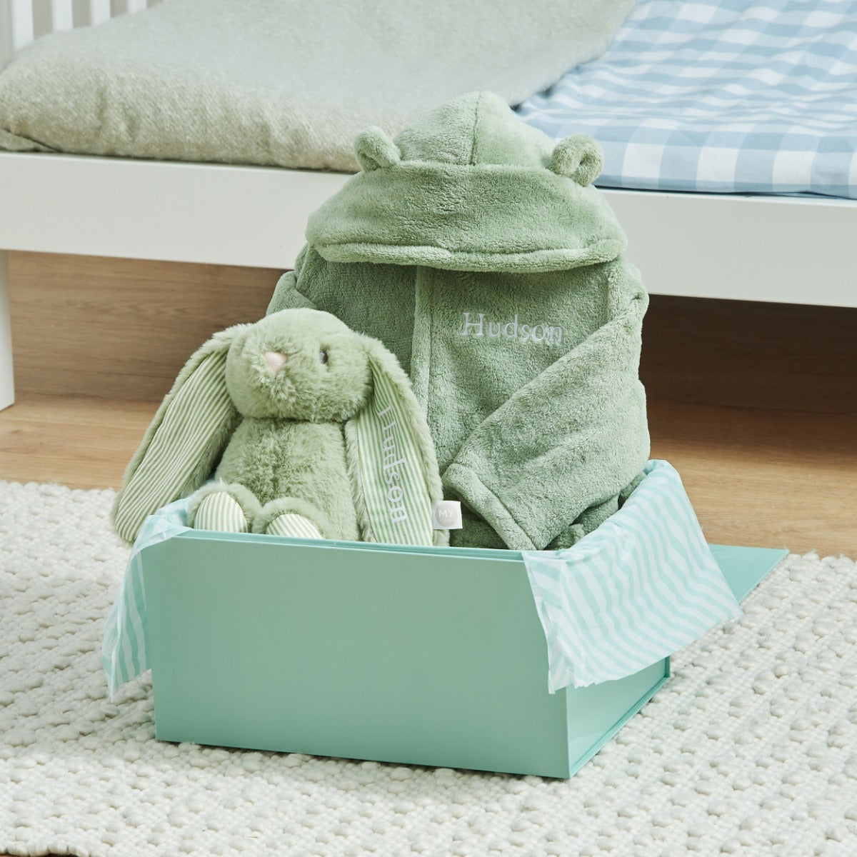 Personalised Sage Green Robe and Bunny Goodnight Gift Set
