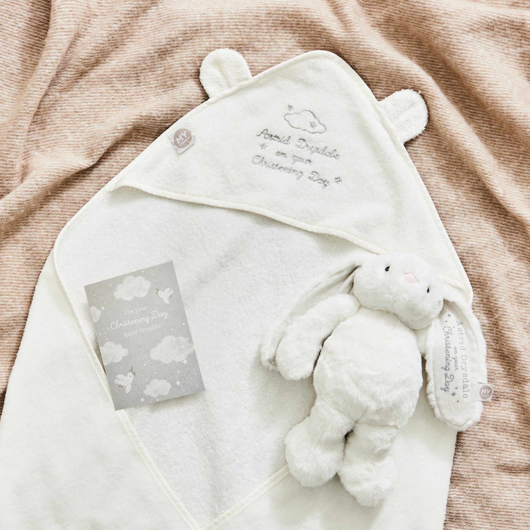 Personalised Ivory Bunny and Hooded Towel Christening Gift Set