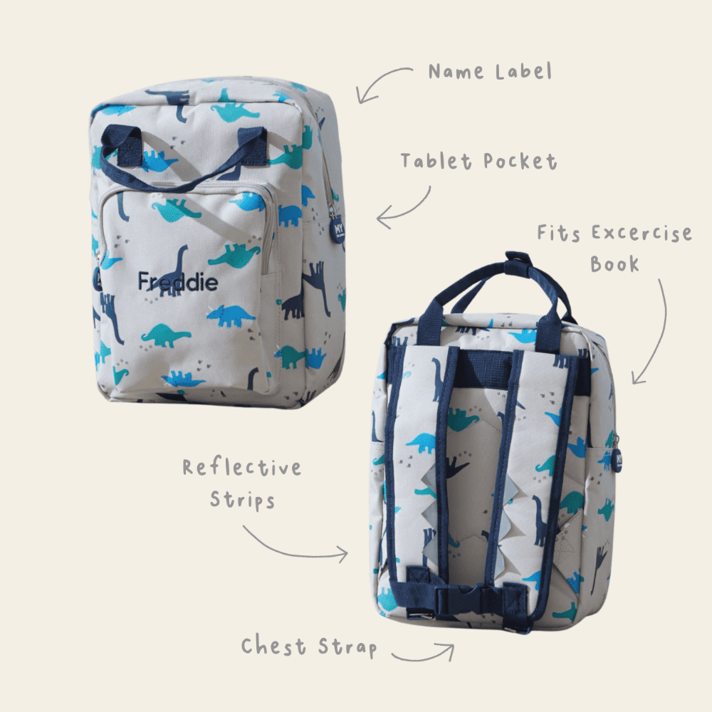 Personalised Grey Dinosaur Print Medium Backpack