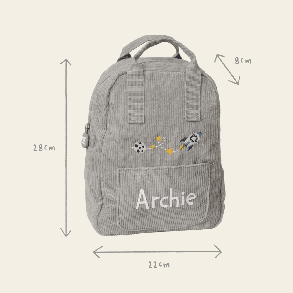 Personalised Rocket Embroidered Grey Cord Backpack