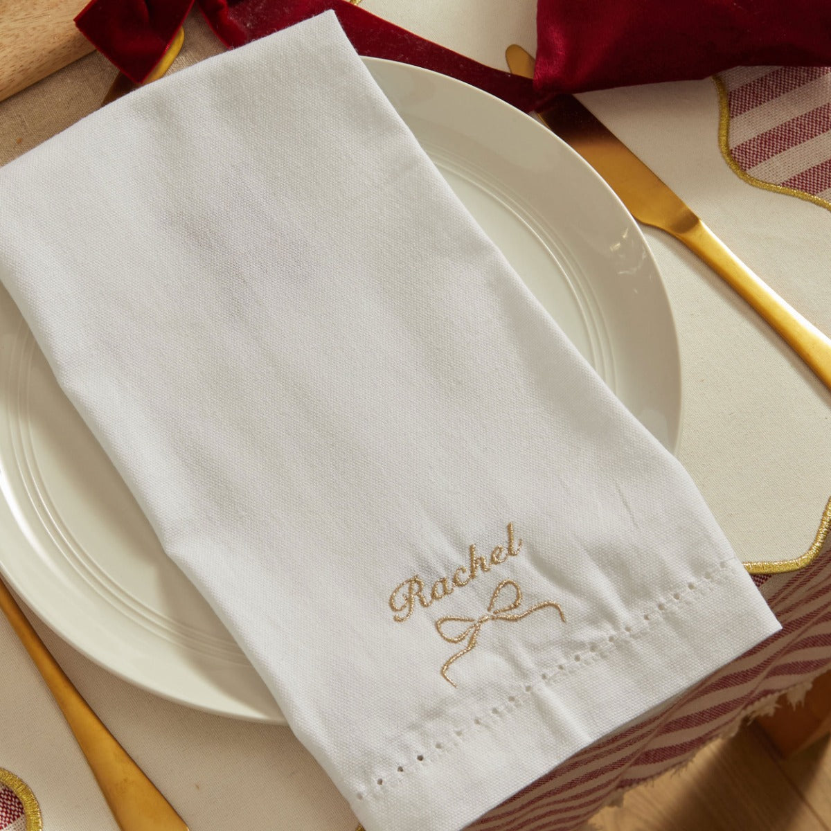Personalised Embroidered Bow Cotton White Napkin