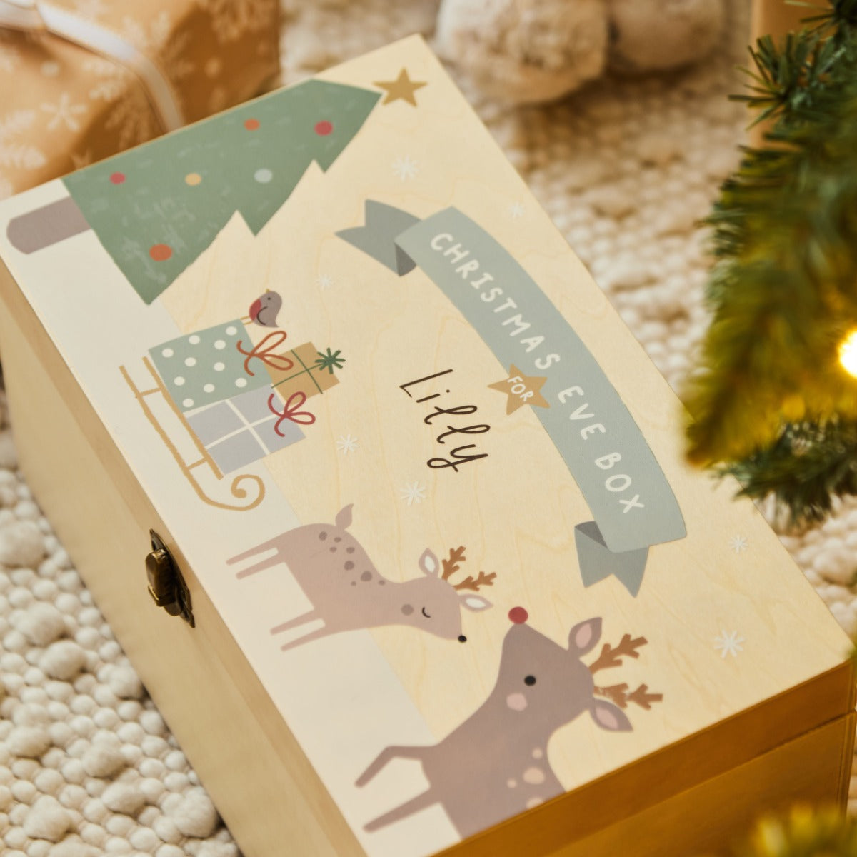 Personalised Reindeer & Presents Wooden Christmas Eve Box FSC®