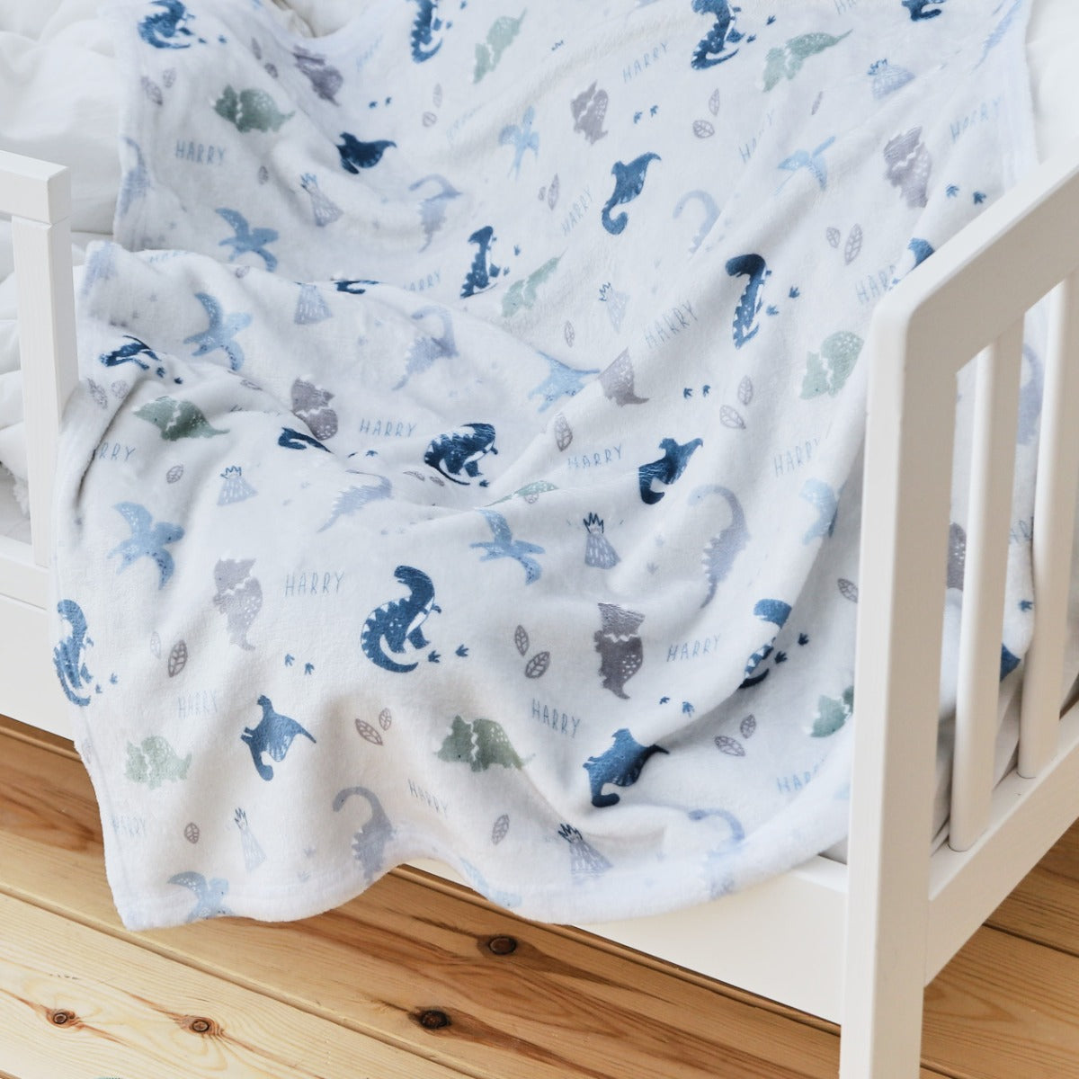 Personalized Grey and Blue Dinosaur Fleece Blanket