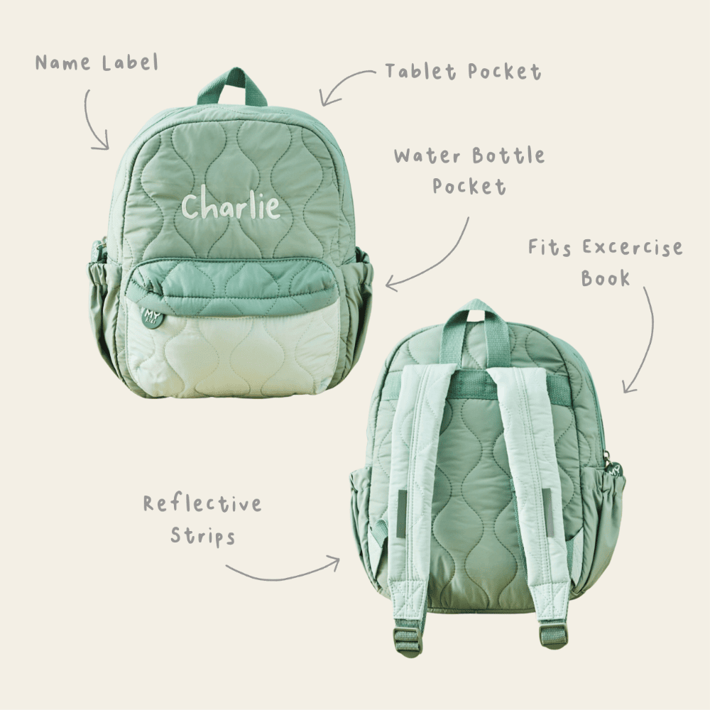 My Kids Personalised Colour Block Quilted Medium Backpack in Sage  
