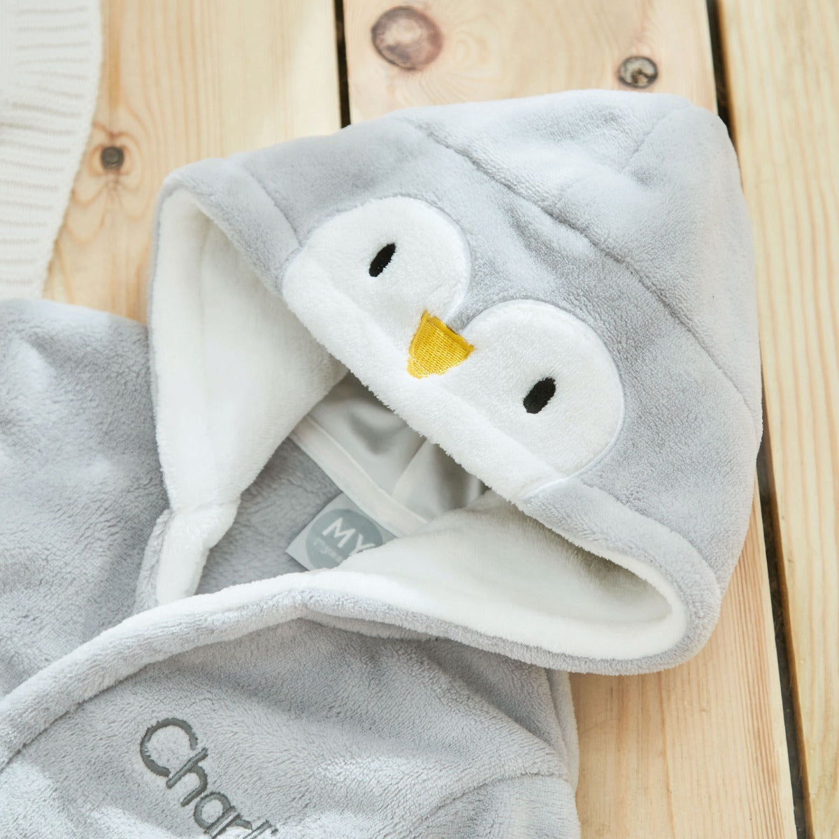 Personalized Grey Penguin Fleece Robe