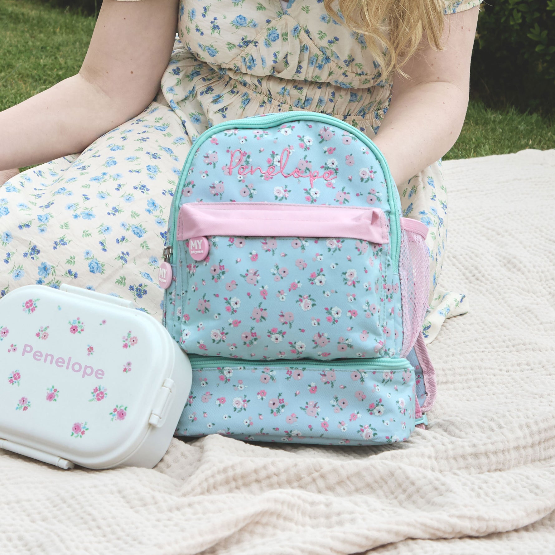 Personalised Sage Ditsy Floral Compartment Backpack 