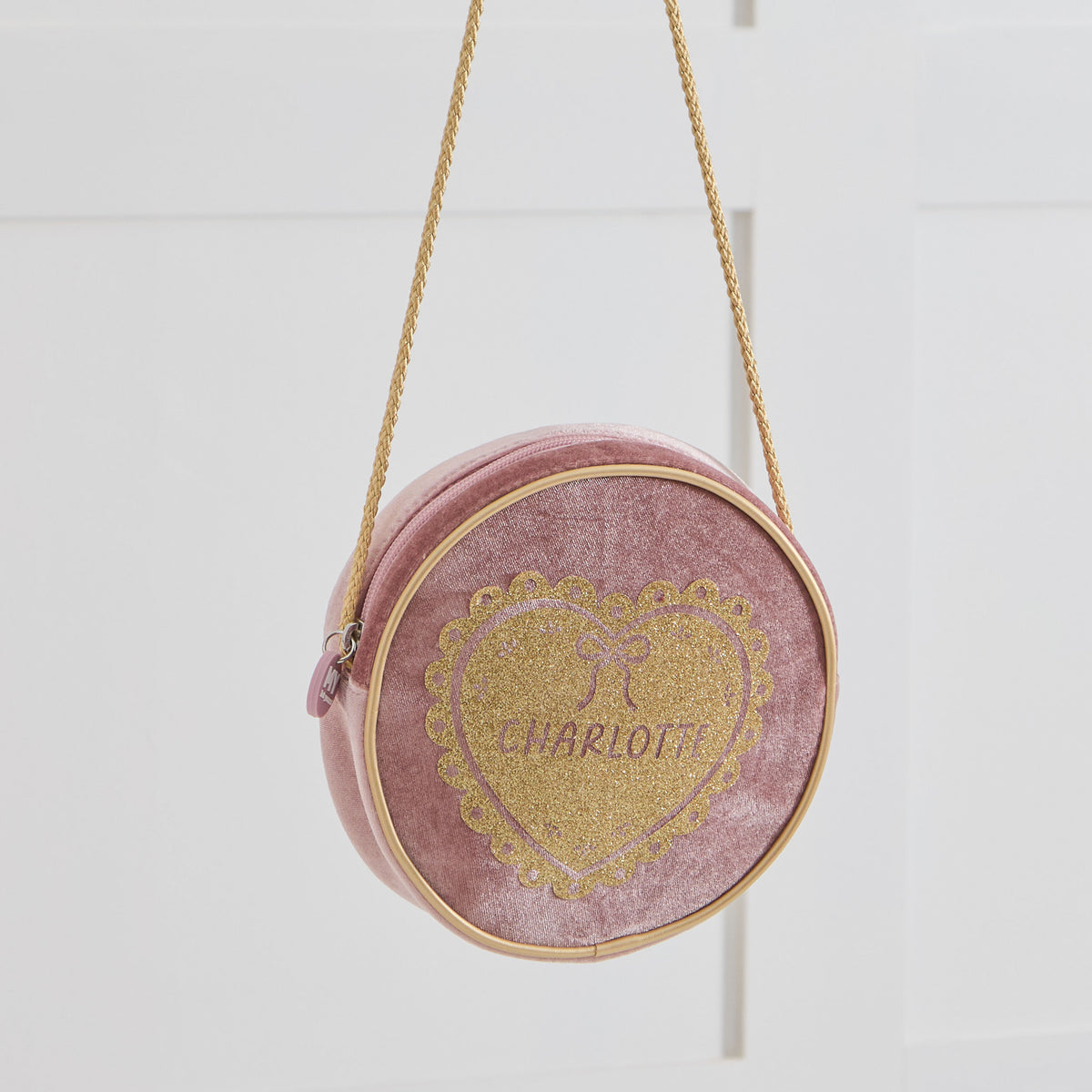 Personalised Gold Heart Pink Velvet Handbag