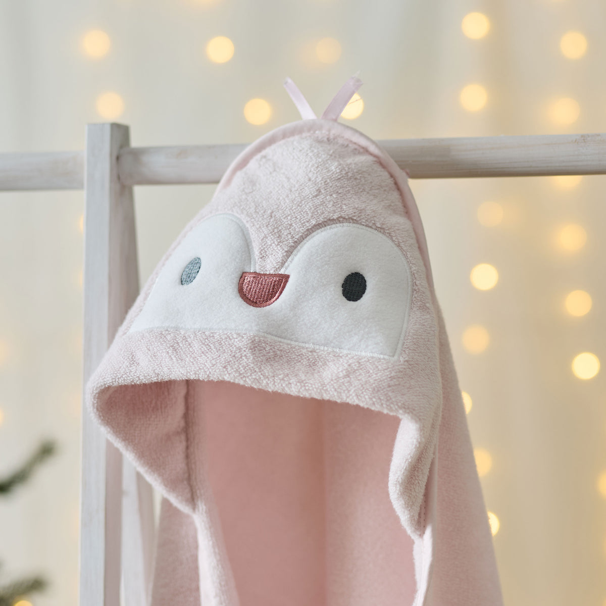 Personalised Pink Penguin Curved Hooded Towel
