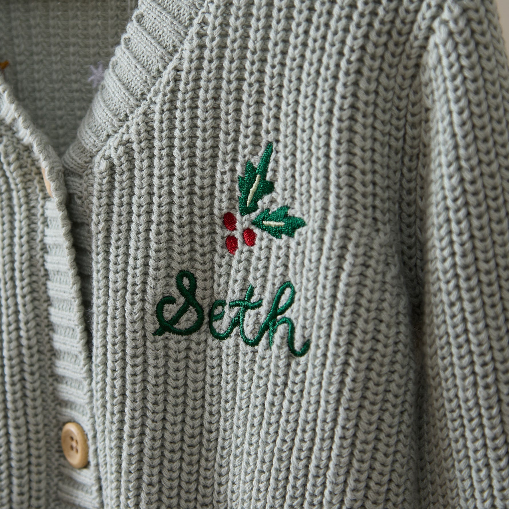 Personalised Holly Wreath Sage Christmas Cardigan