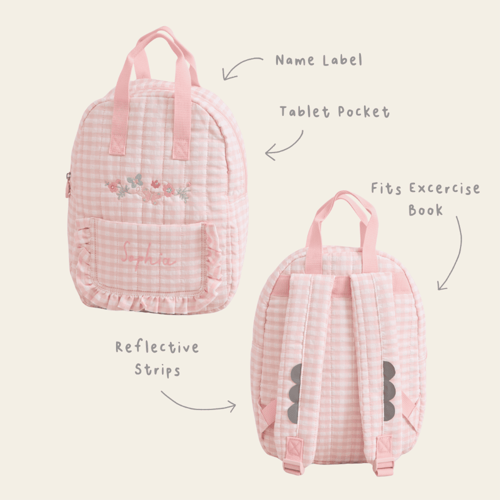 Personalised Garden Secrets Butterfly Pink Gingham Backpack
