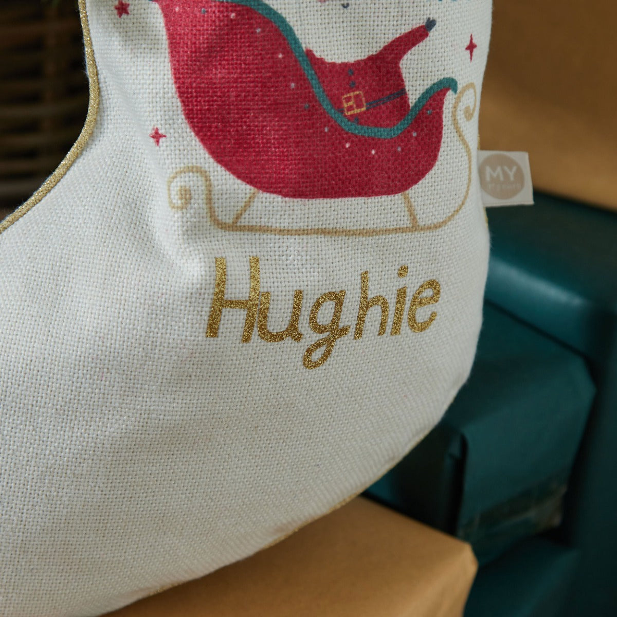 Personalised Santa Sleigh Small Cream Gift Stocking