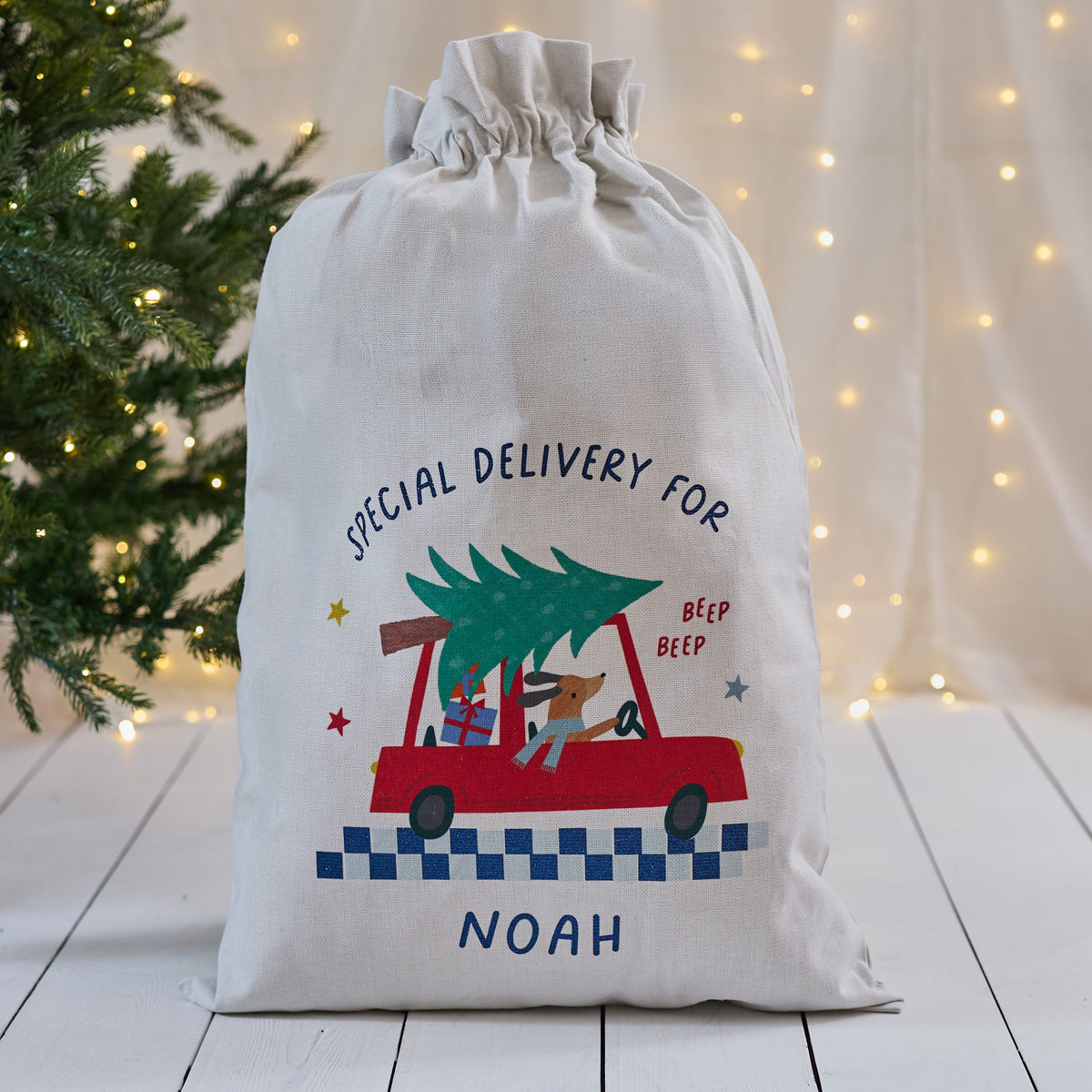 Personalised Blue Checkered Christmas Tree Sack