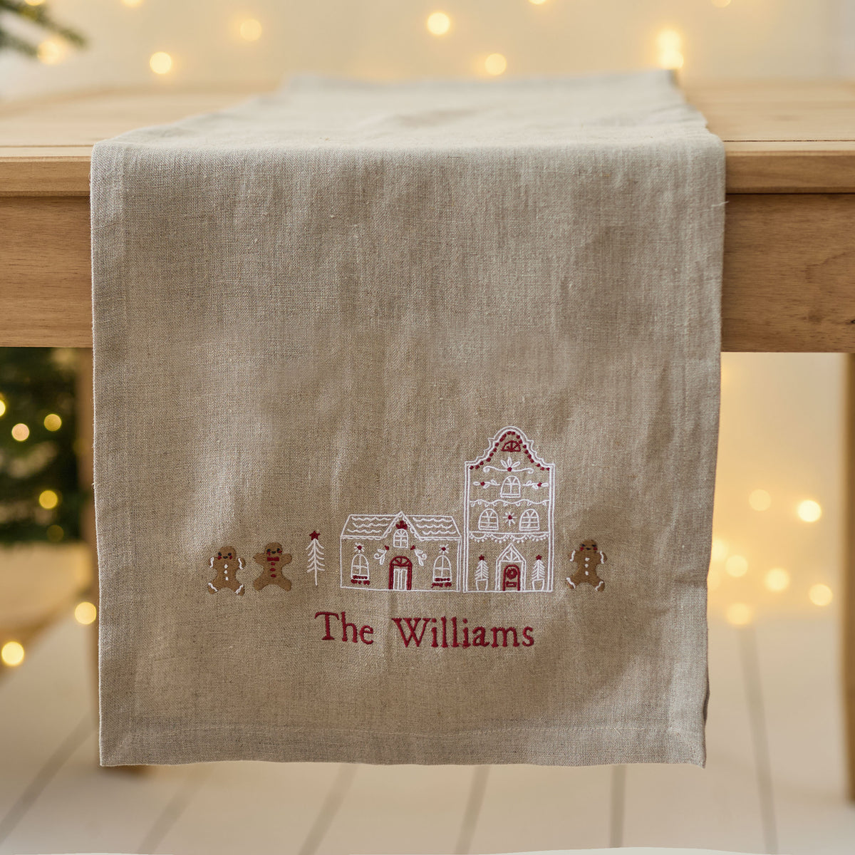 Personalised Neutral Gingerbread House Table Runner