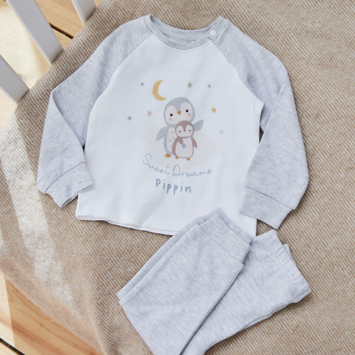 Personalised Penguin Sweet Dreams Grey Jersey Pyjamas