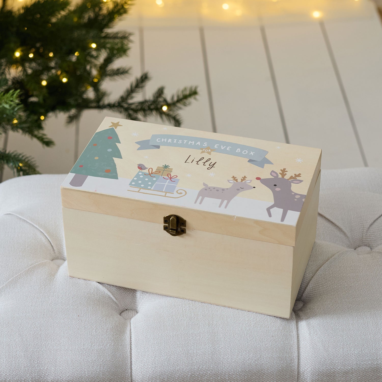Personalised Reindeer & Presents Wooden Christmas Eve Box FSC®